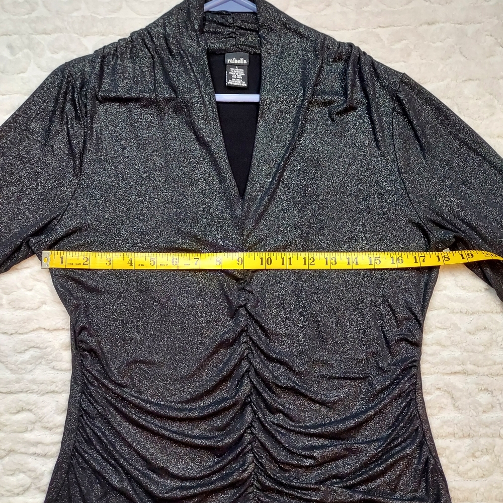 Rafaella Black Silver Sparkle Ruched 3/4 Sleeve Stretch Blouse Size L - Picture 3 of 9
